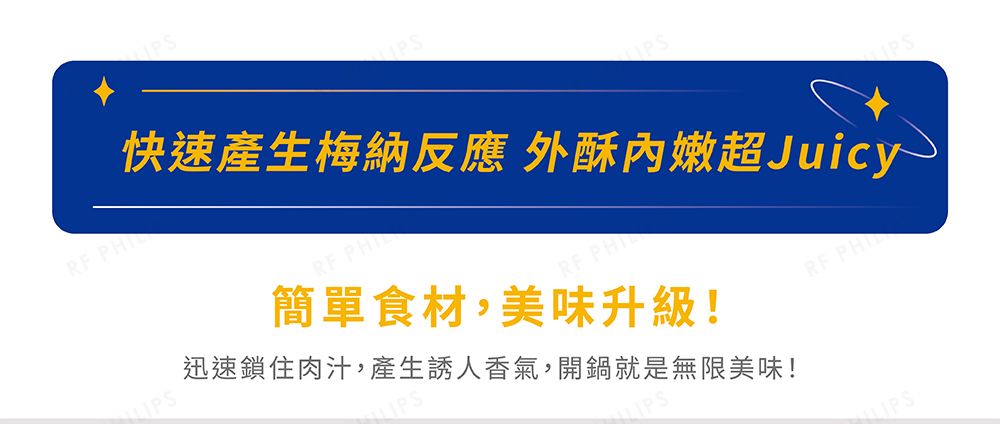 快速產生梅納反應 外酥內嫩超Juicy 簡單食材,美味升級!迅速鎖住肉汁,產生誘人香氣,開鍋就是無限美味!