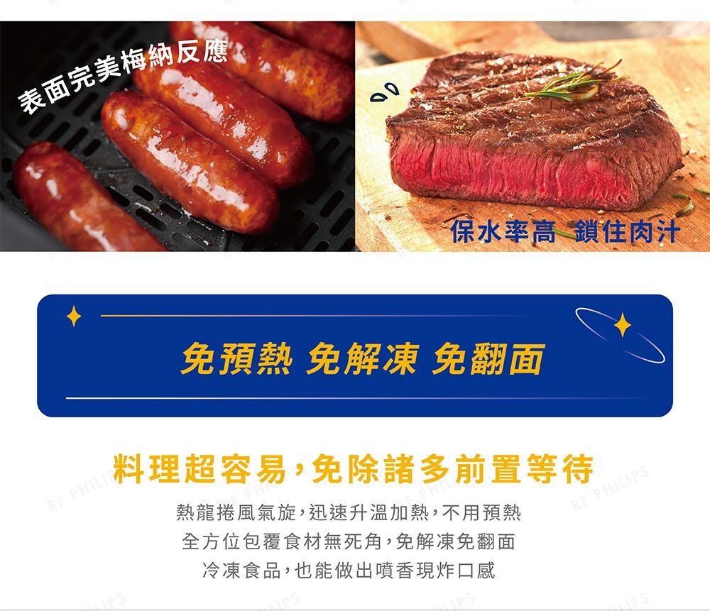 表面完美梅納反應保水率高 鎖住肉汁預熱 免解凍 免翻面料理超容易,免除諸多前置等待熱龍捲風氣旋,迅速升溫加熱,不用預熱全方位包覆食材無死角,免解凍免翻冷凍食品,也能做出噴香現炸口感 PHILIPS PHILI
