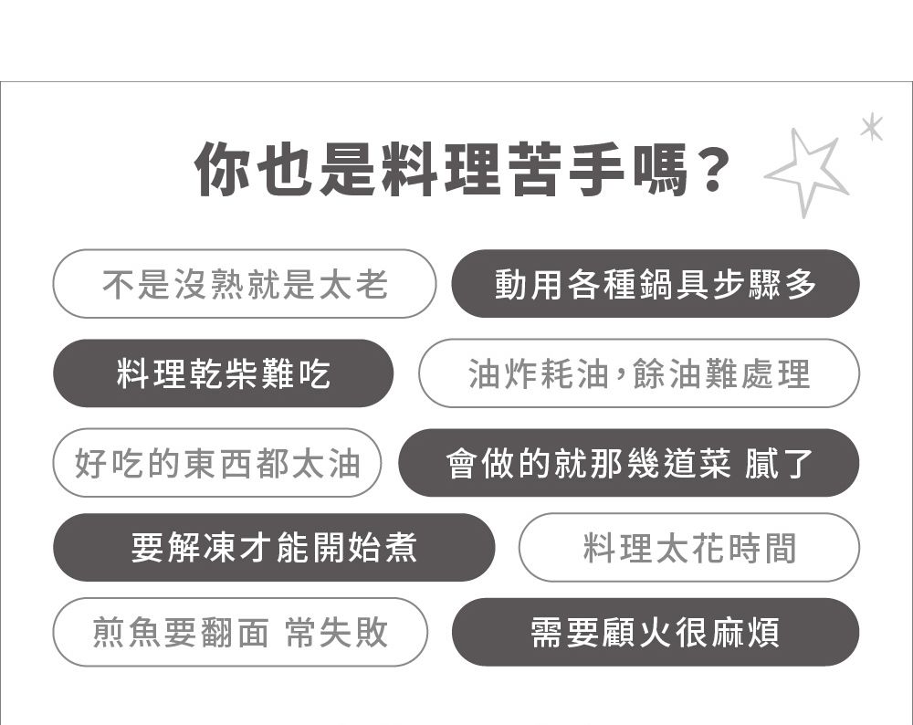 你也是料理苦手嗎? 不是沒熟就是太老動用各種鍋具步驟多料理乾柴難吃油炸耗油,餘油難處理好吃的東西都太油會做的就那幾道菜 膩了要解凍才能開始煮煎魚要翻面 常失敗料理太花時間需要顧火很麻煩