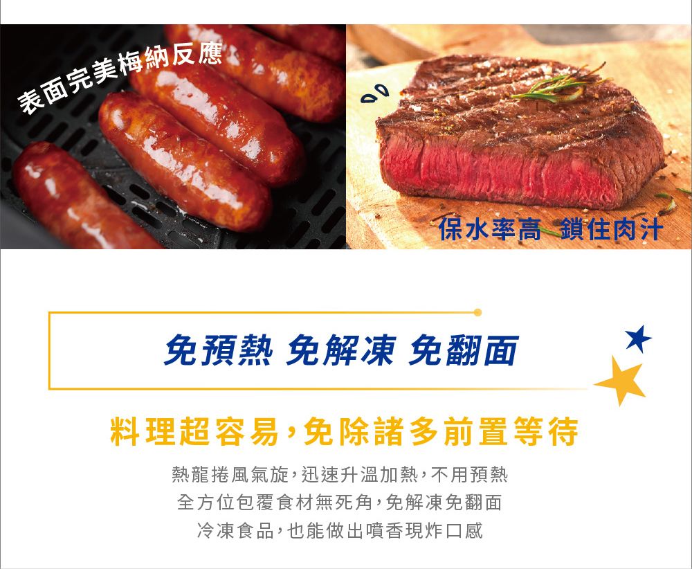 表面完美梅納反應水率高 鎖住肉汁免預熱 免解凍 免翻料理超容易,免除諸多前置等待熱龍捲風氣旋,迅速升溫加熱,不用預熱全方位包覆食材無死角,免解凍免翻面冷凍食品,也能做出噴香現炸口感