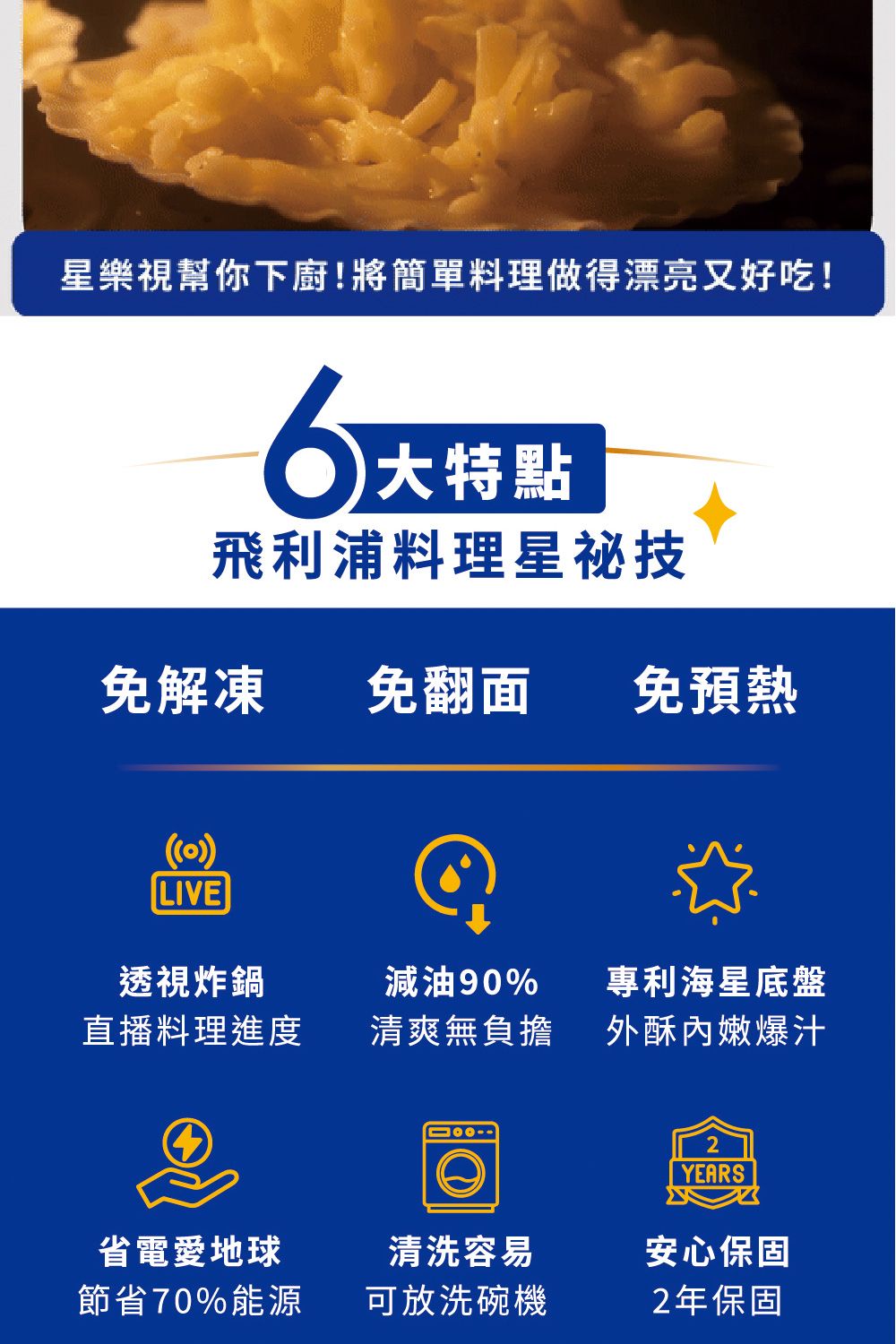 星樂視幫你下廚!將簡單料理做得漂亮又好吃!大特點飛利浦料理星祕技免解凍 免翻面 免預熱LIVE透視炸鍋直播料理進度減油90%專利海星底盤清爽無負擔外酥內嫩爆汁2YEARS省電愛地球節省70%能源清洗容易安心保固可放洗碗機2年保固