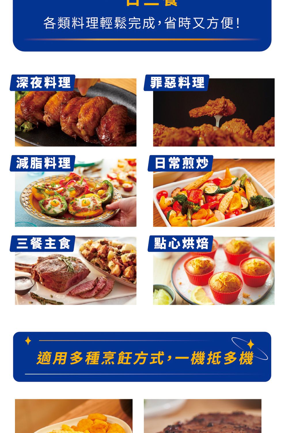 各類料理輕鬆完成,省時又方便!深夜料理罪惡料理減脂料理日常煎炒「三餐主食點心烘焙適用多種烹飪方式,一機抵多機