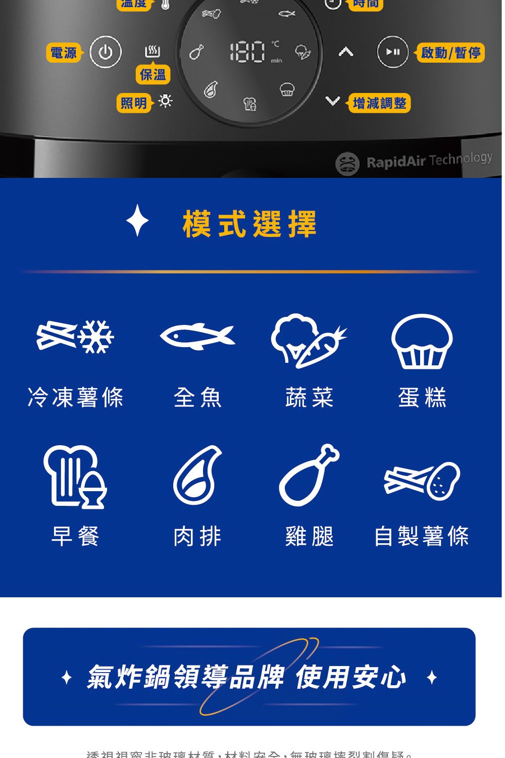 温度電源min保溫照明模式選擇时间增減調整啟動/暫停RapidAir Technology冷凍薯條全魚蔬菜蛋糕早餐肉排雞腿自製薯條 氣炸鍋領導品牌 使用安心 材質材料,玻璃疑。