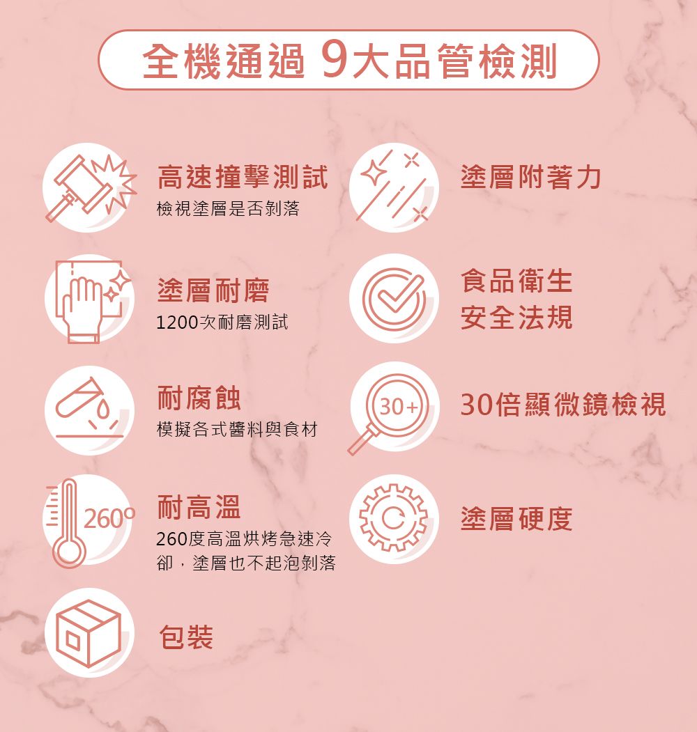全機通過9大品管檢測高速撞擊測試塗層附著力檢視塗層是否剝落塗層耐磨1200次耐磨測試食品衛生安全法規耐腐蝕30+30倍顯微鏡檢視模擬各式醬料與食材2600 耐高溫塗層硬度260度高溫烘烤急速冷卻,塗層也不起泡剝落וייוייו包裝