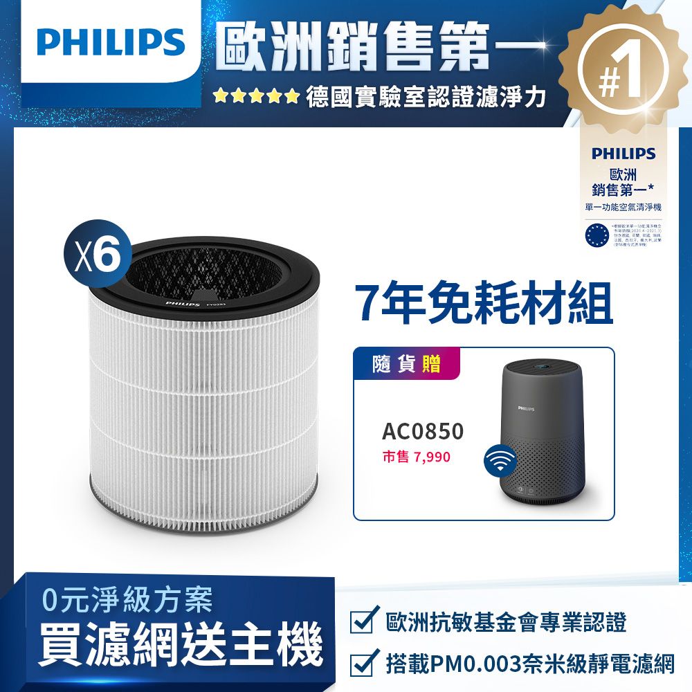 PHILIPS 飛利浦 買濾網送主機(AC0850)奈米級勁護濾網-FY0293 6入(適用型號: AC0850)