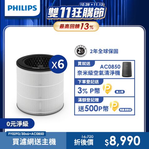 PHILIPS 飛利浦 買濾網送主機(AC0850)奈米級勁護濾網-FY0293 6入(適用型號: AC0850)