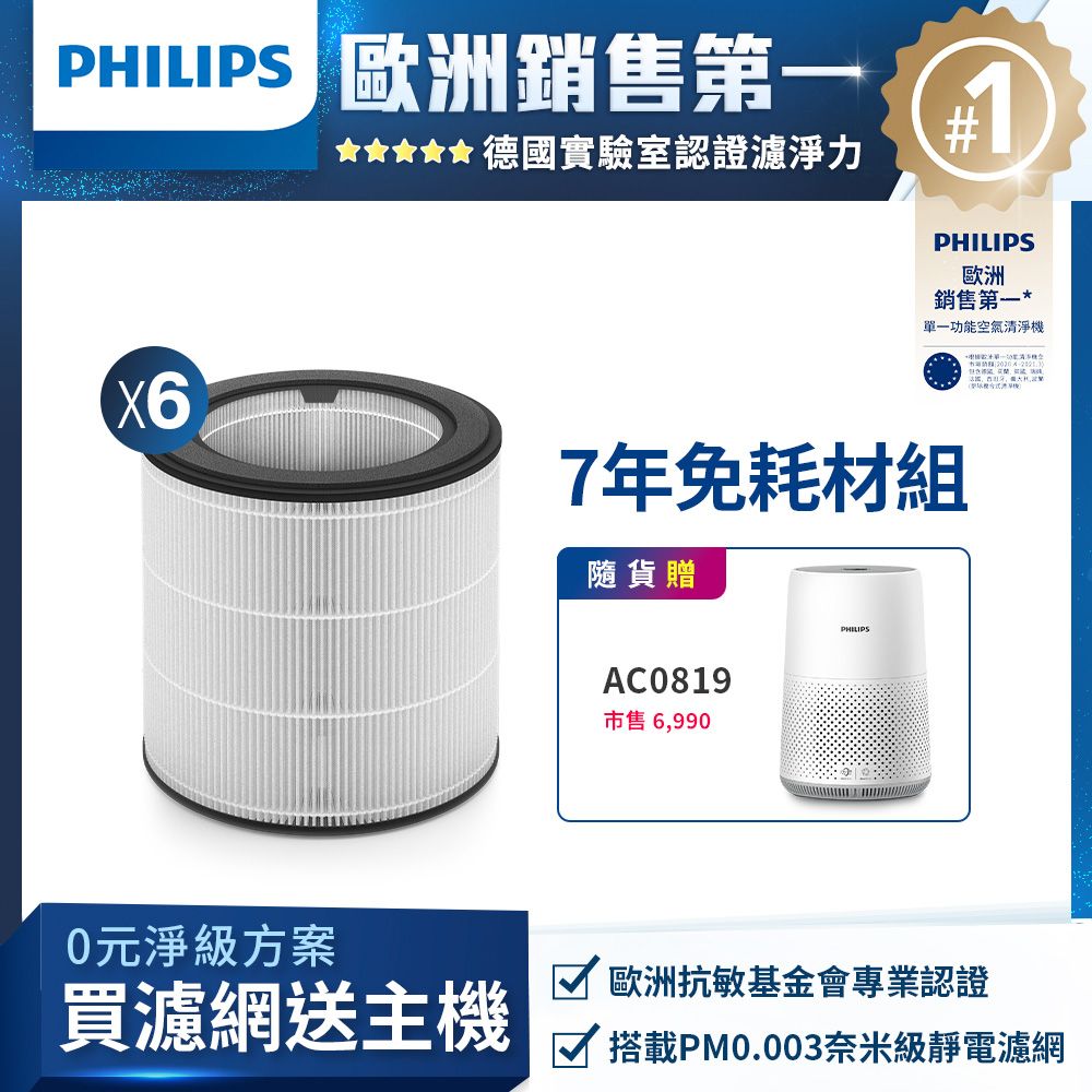 PHILIPS 飛利浦 買濾網送主機(AC0819)奈米級勁護濾網-FY0194 6入(適用型號: AC0819)