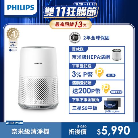 【飛利浦 PHILIPS】奈米級濾淨空氣清淨機 AC0819/80