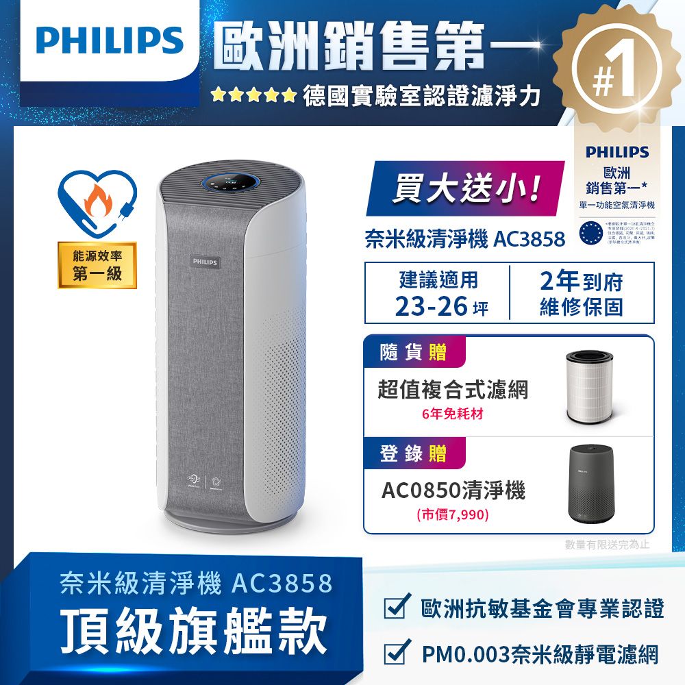 PHILIPS 飛利浦 奈米級空氣清淨機-360度高效過濾★適用23-26坪★買一送一(AC3858)