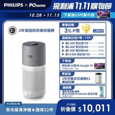 【Philips飛利浦】2022升級版-奈米級空氣清淨機-360度高效過濾(AC3033/86)