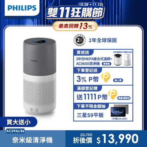 PHILIPS 飛利浦 奈米級空氣清淨機-360度高效過濾AC2936買大送小組適用17坪