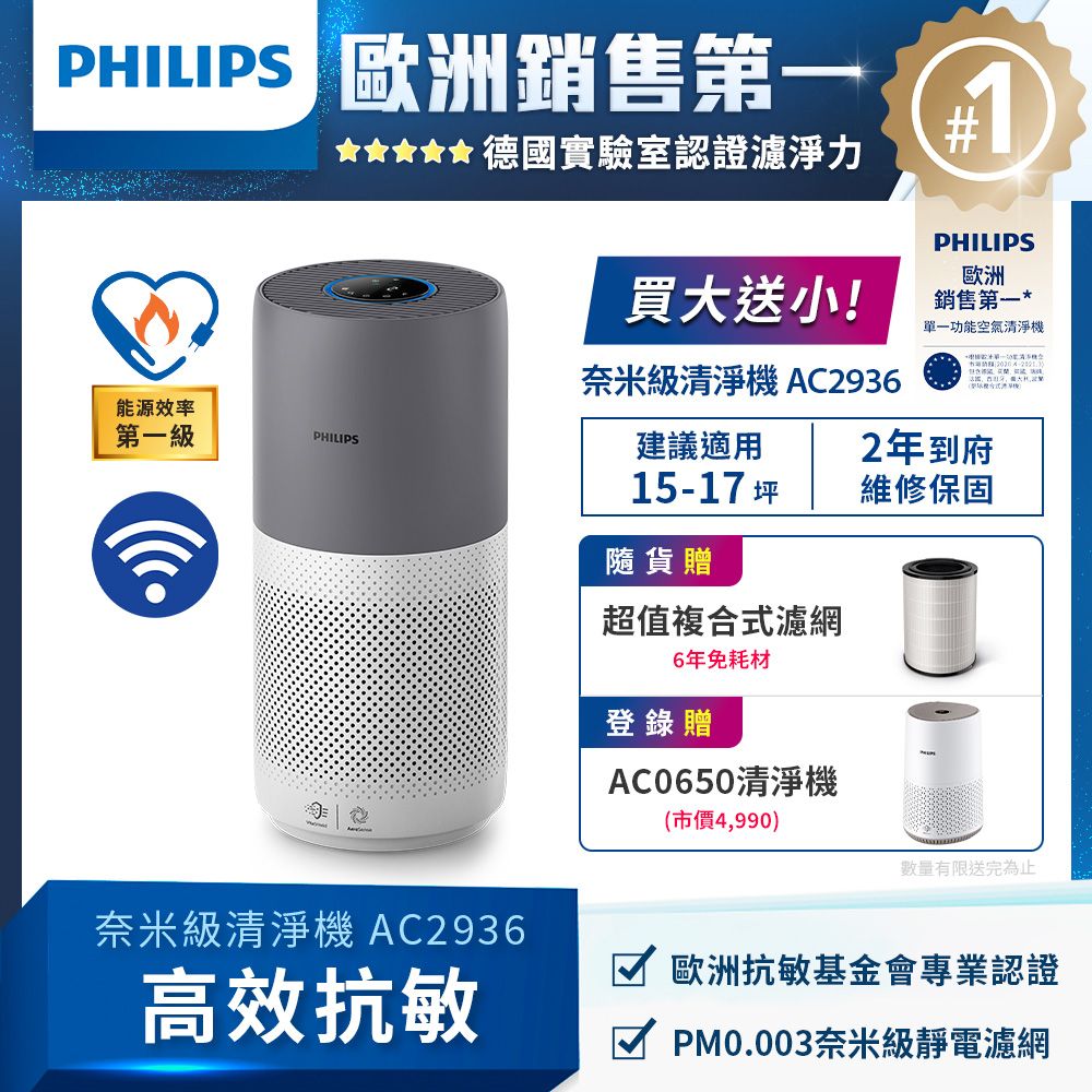 PHILIPS 飛利浦   奈米級空氣清淨機-360度高效過濾AC2936買大送小組適用17坪