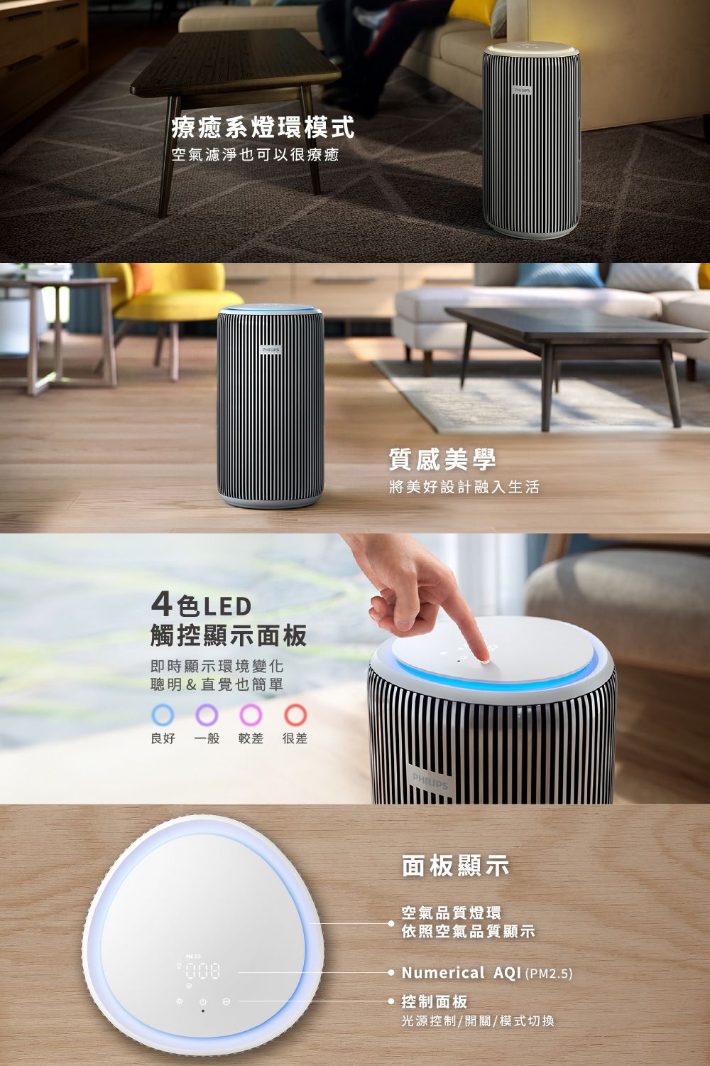療癒系環模式空氣濾淨也可以很療癒4色LED觸控顯示面板即時顯示環境變化聰明&直覺也簡單質感美學將美好設計融入生活良好 一般 較差 很差面板顯示空氣品質燈環依照空氣品質顯示Numerical AQI (PM2.5) 控制面板光源控制/開關/模式切換