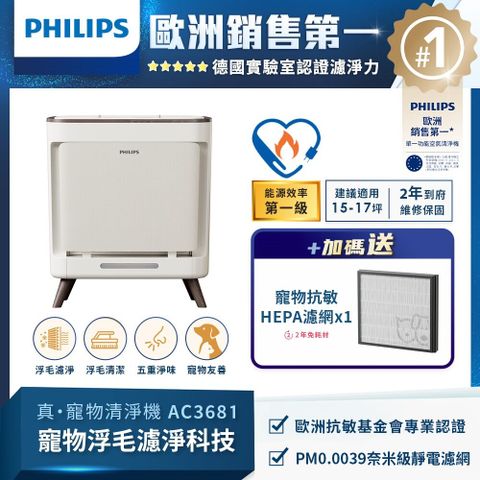 【Philips 飛利浦】毛小奈抗敏寵物清淨機 適用15-17坪(AC3681/81)