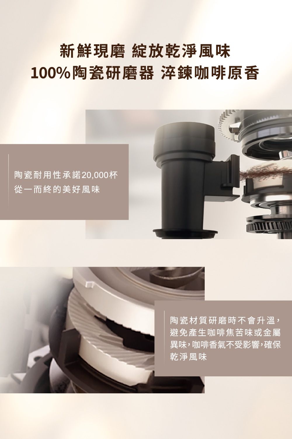 新鮮現 乾淨風味100%陶瓷研磨器 淬鍊咖啡原香陶瓷耐用性承諾20,000杯從一而終的美好風味陶瓷材質研磨時不會升溫,避免產生咖啡焦苦味或金屬異味,咖啡香氣不受影響,確保乾淨風味
