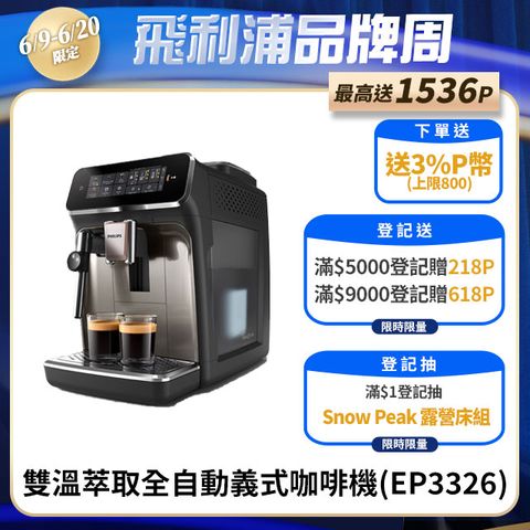 【Philips 飛利浦】雙溫萃取全自動義式咖啡機 經典銀(EP3326/94)