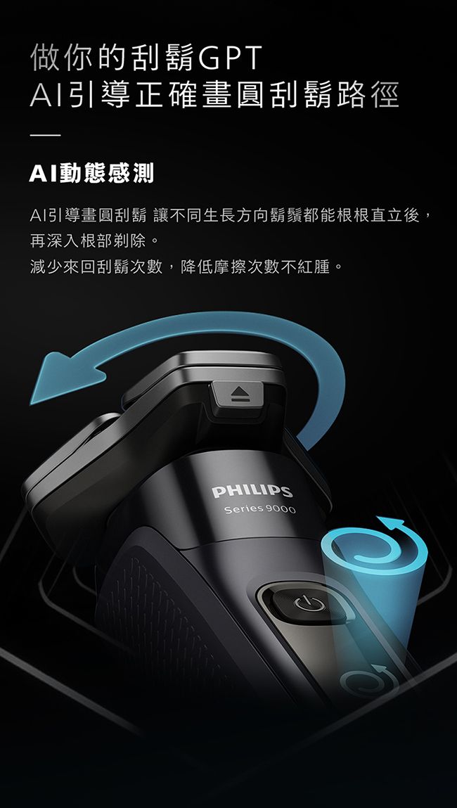 做你的刮鬍GPT引導正確畫圓刮鬍路徑動態感測AI引導畫圓刮鬍 讓不同生長方向鬍鬚都能根根直立後,再深入根部剃除。減少來回刮鬍次數,降低摩擦次數不紅腫。PHILIPSSeries 9000