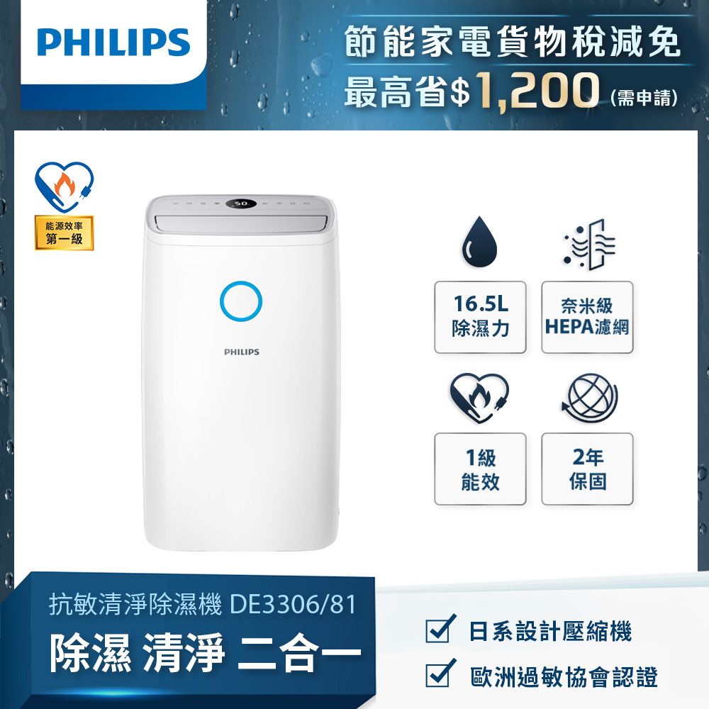 PHILIPS 飛利浦 16.5L抗敏除濕機-灰色 (DE3306/81)