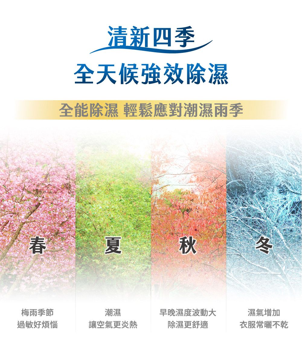 清新四季全天候效除濕全能除濕 輕鬆應對潮濕季春夏秋冬梅雨季節潮濕早晚濕度波動大濕氣增加過敏好煩惱讓空氣更炎熱除濕更舒適衣服常曬不乾