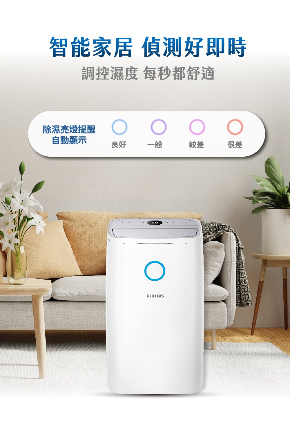 智能家居 偵測好即時調控濕度 每秒都舒適除濕亮燈提醒自動顯示良好一般較差很差PHILIPS