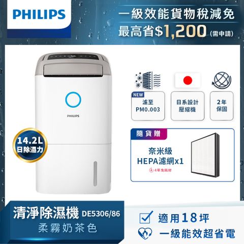 【Philips 飛利浦】14.2L抗敏清淨除濕機-柔霧奶茶 (DE5306/86)
