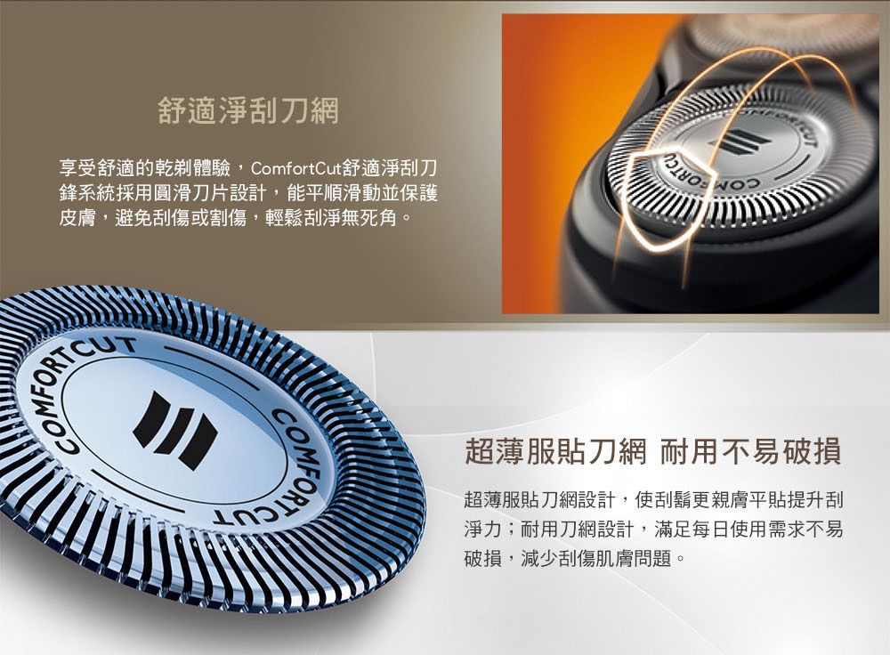 舒適淨刮刀網享受舒適乾體驗ComfortCut舒適淨刮刀鋒系統採用圓滑刀片設計,能平順滑動並保護皮膚,避免刮傷或割傷,輕鬆刮淨無死角。FORT CUCOM超薄服貼刀網 耐用不易破損超薄服貼刀網設計,使刮鬍更親膚平貼提升刮淨力;耐用刀網設計,滿足每日使用需求不易破損,減少刮傷肌膚問題。