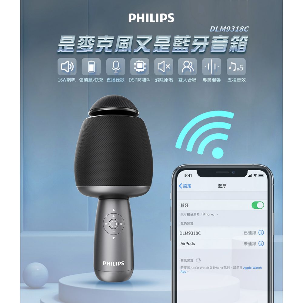 PHILIPS 飛利浦  唱放一體K歌麥克風-粉 DLM9318CP/96