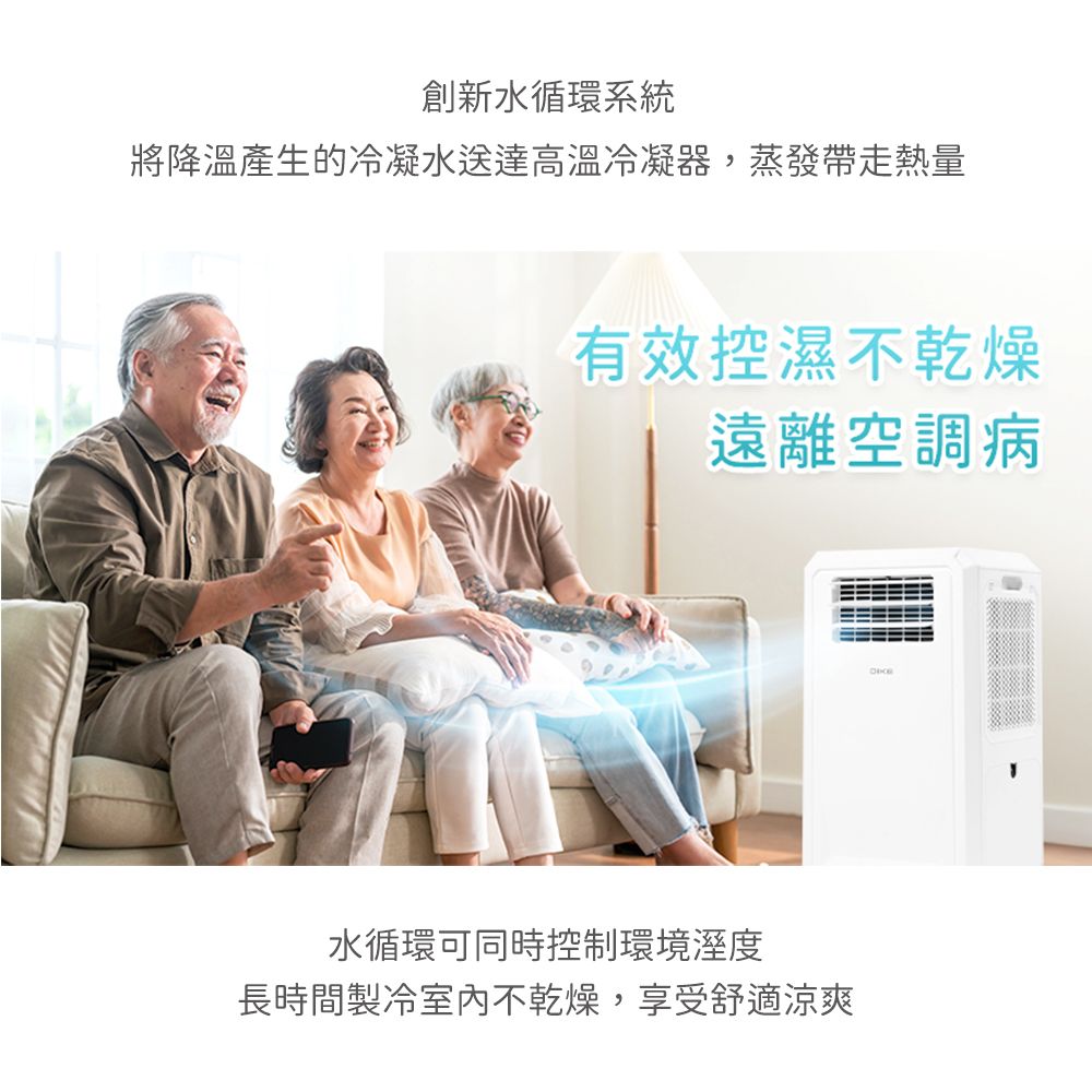 創新水循環系統將降溫產生的冷凝水送達高溫冷凝器,蒸發帶走熱量有效控濕不乾燥遠離空調病水循環可同時控制環境溼度長時間製冷室內不乾燥,享受舒適涼爽