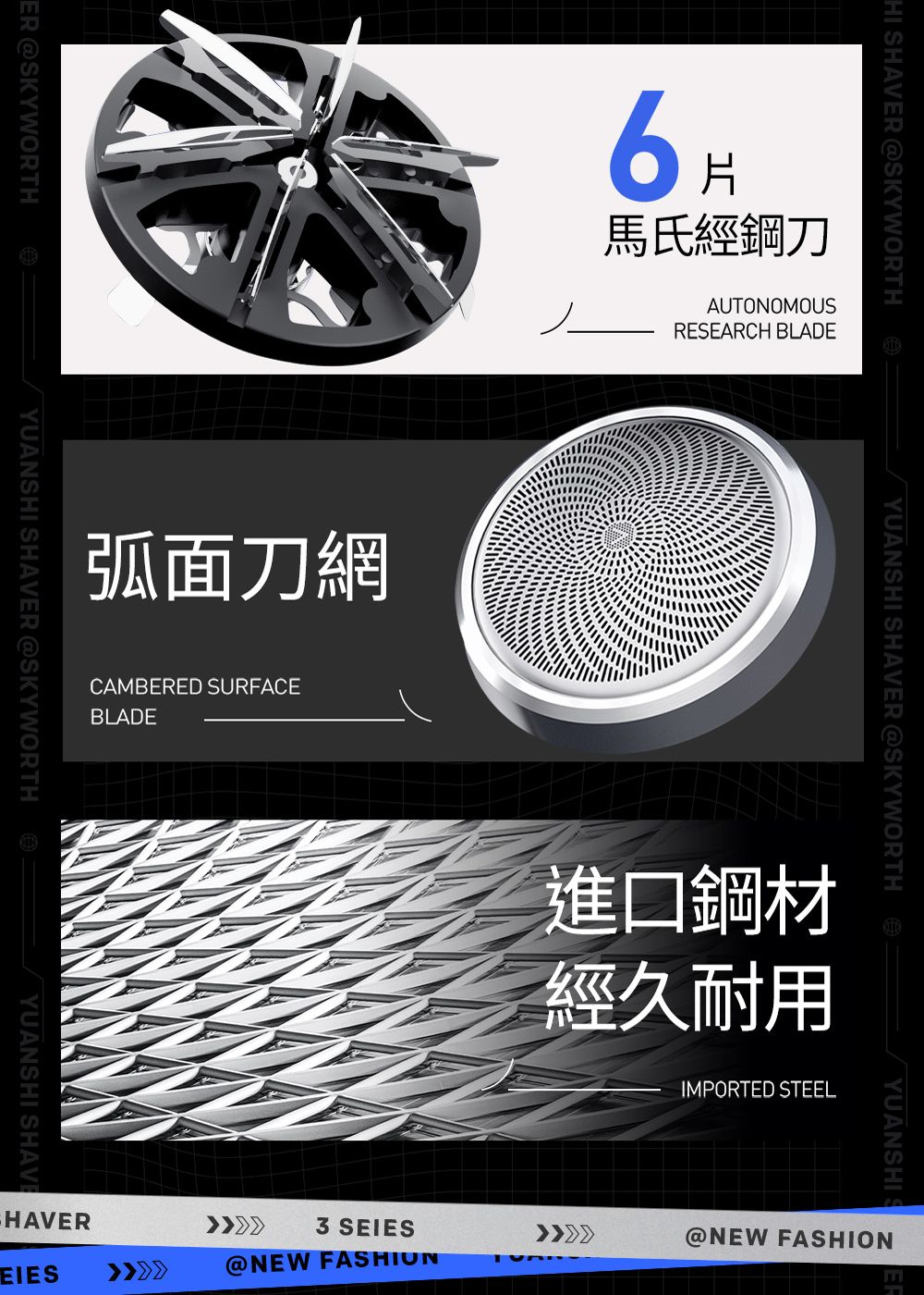 HI SHAVER @SKYWORTHH馬氏經鋼刀AUTONOMOUSRESEARCH BLADE弧面刀網CAMBERED SURFACEBLADEER @SKYWORTH YUANSHI SHAVER @SKYWORTH YUANSHI SHAVEYUANSHI SHAVER @SKYWORTH進口鋼材經久耐用IMPORTED STEELYUANSHI SHAVER3 SEIES@NEW FASHION@NEW FASHIONEIES