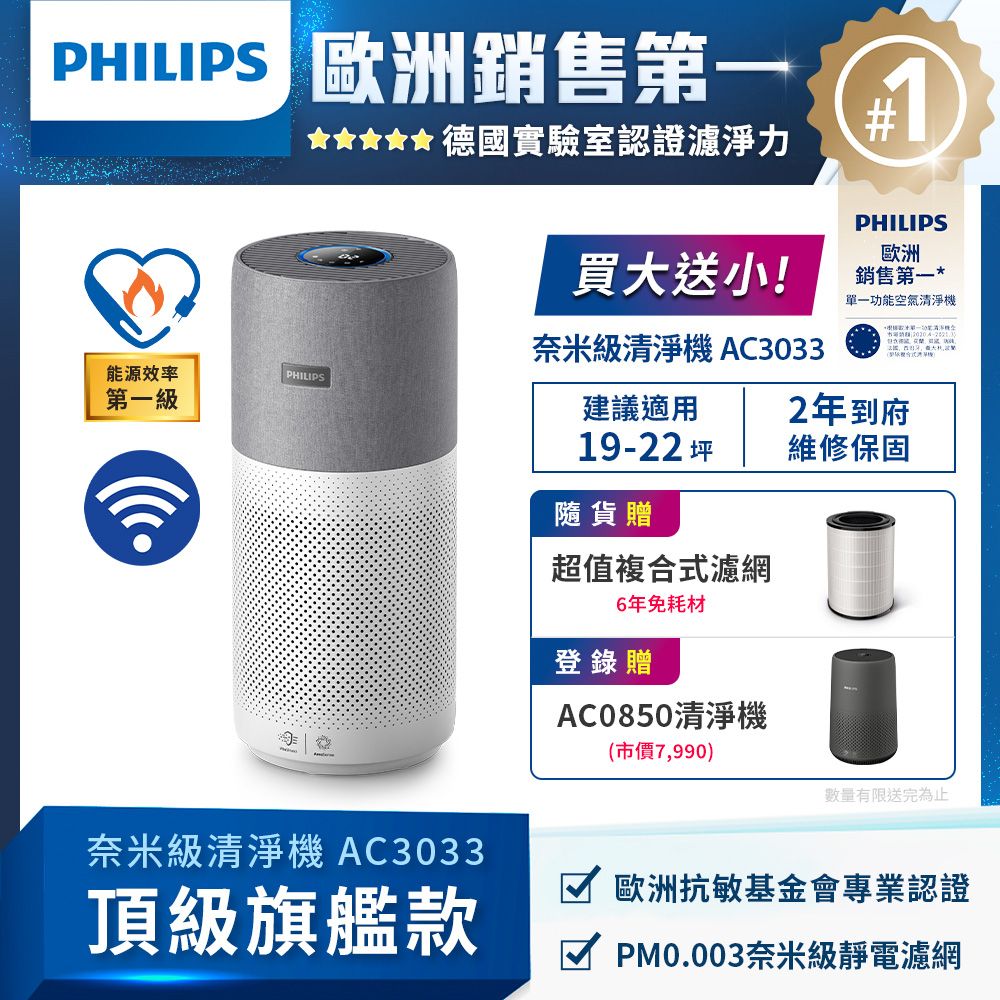 PHILIPS 飛利浦 2022升級版-奈米級空氣清淨機-360度高效過濾(AC3033/86)贈複合式濾網