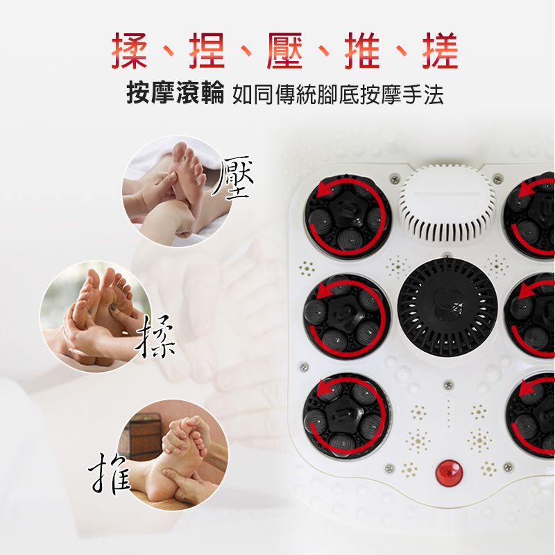 揉、捏、壓、推、搓按摩滾輪 如同傳統腳底按摩手法揉壓