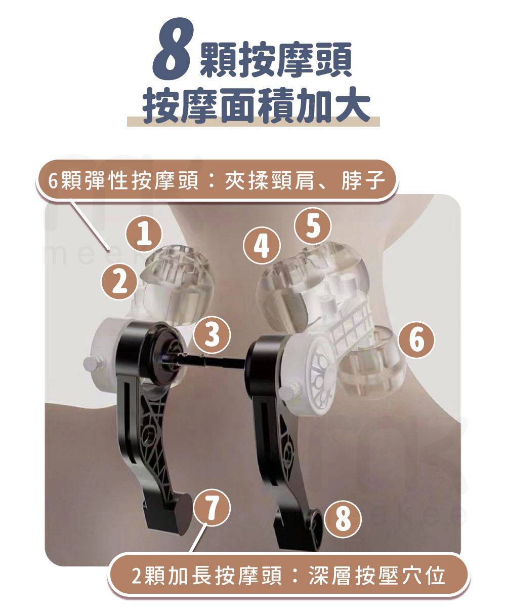 8顆按摩頭按摩面積加大6顆彈性按摩頭:夾揉頸肩、脖子me21543682顆加長按摩頭:深層按壓穴位