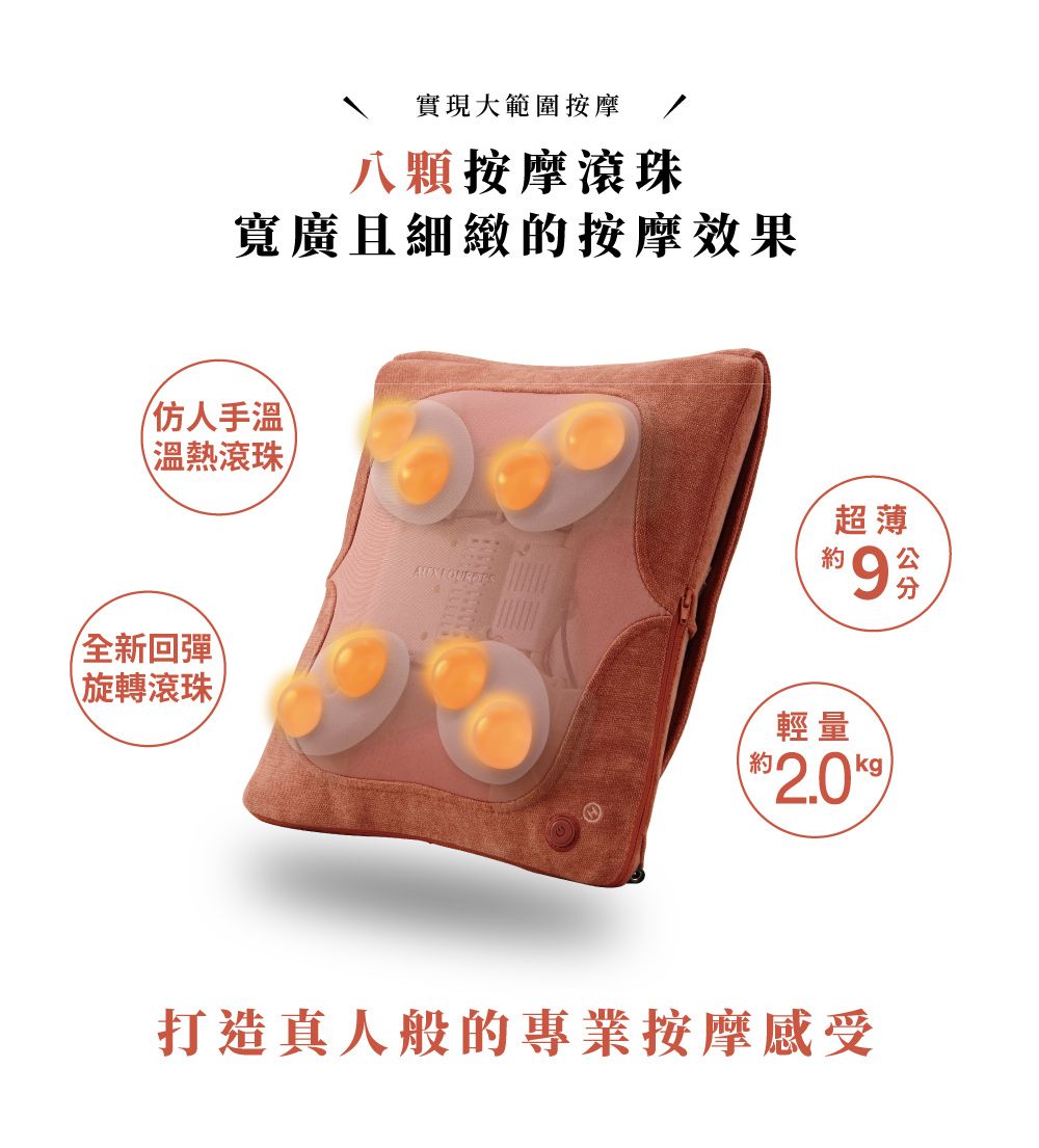 實現大範圍按摩八顆按摩滾珠寬廣且細緻的按摩效果人手溫溫熱滾珠全新回彈旋轉滾珠超薄約輕量約 打造真人般的專業按摩感受
