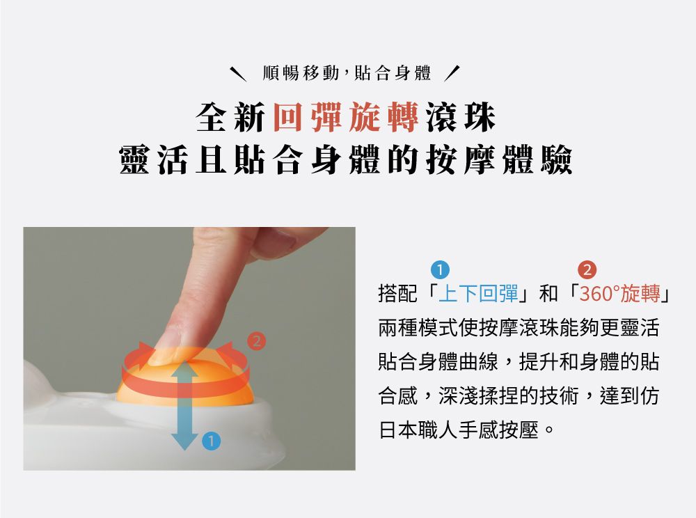 順暢移動,貼合身體全新回彈旋轉滾珠靈活且貼合身體的按摩體驗搭配「上下回彈和「360°旋轉」兩種模式使按摩滾珠能夠更靈活貼合身體曲線,提升和身體的貼合感,深淺揉捏的技術,達到仿日本職人手感按壓。