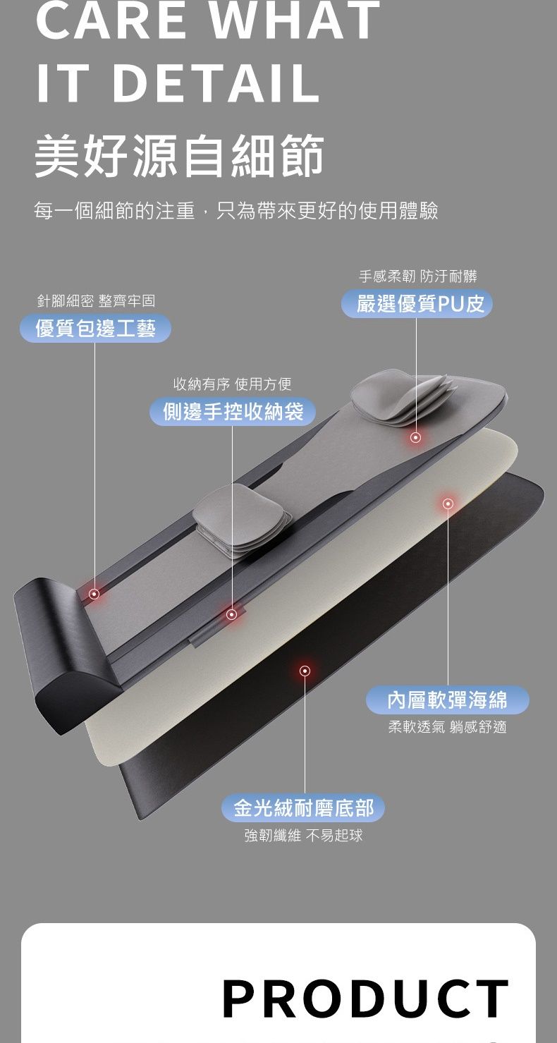 CARE WHATIT DETAIL美好源自細節每一個細節的注重,只為帶來更好的使用體驗針腳細密 整齊牢固優質包邊工藝收納有序 使用方便側邊手控收納袋手感柔韌 防汙耐髒嚴選優質PU皮金光耐磨底部強韌纖維 不易起球內層軟彈海綿柔軟透氣 躺感舒適PRODUCT