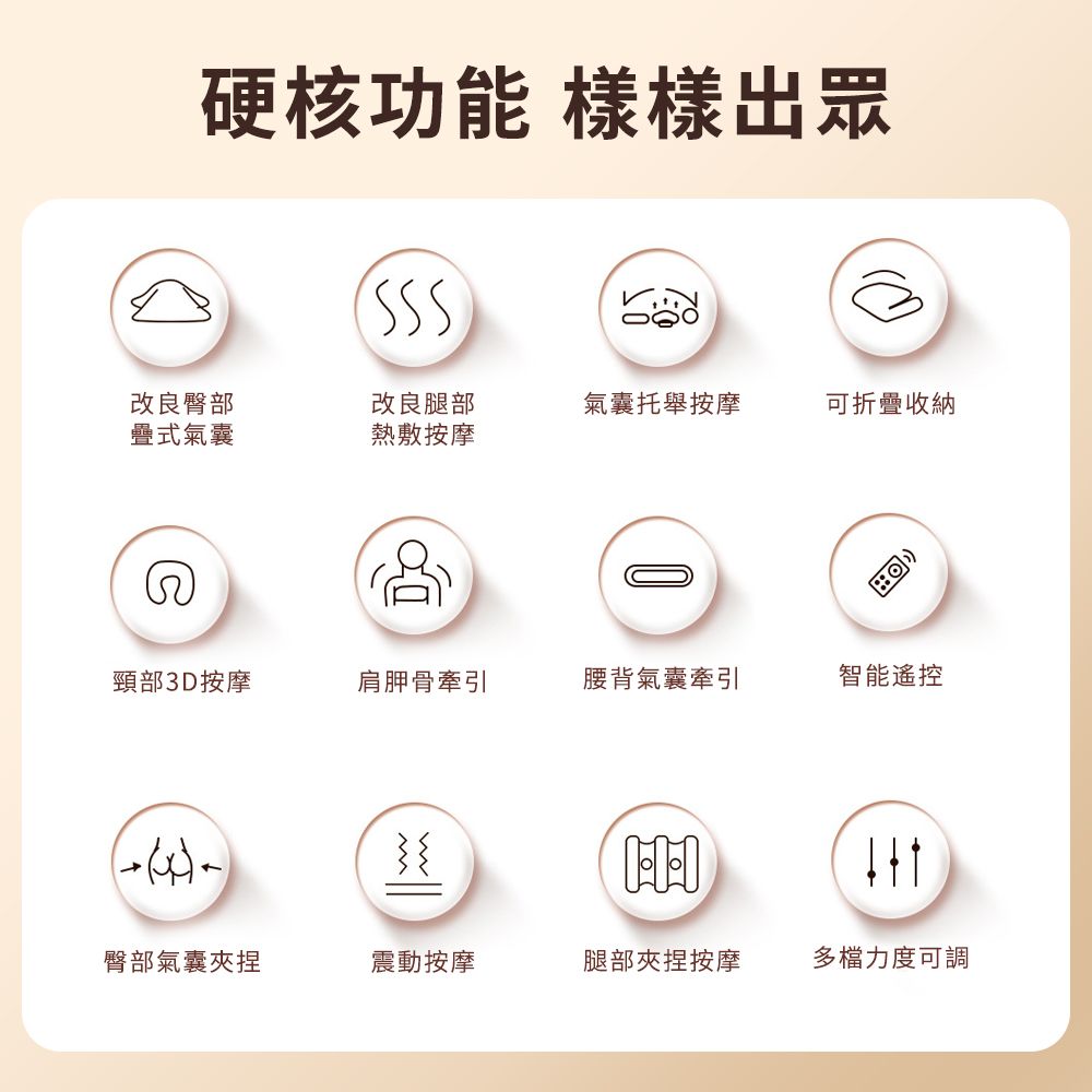 硬核功能 樣樣出眾改良臀部改良腿部氣囊托舉按摩可折疊收納疊式氣囊熱敷按摩頸部3D按摩肩胛骨牽引腰背氣囊牽引智能遙控臀部氣囊夾捏震動按摩腿部夾捏按摩多檔力度可調