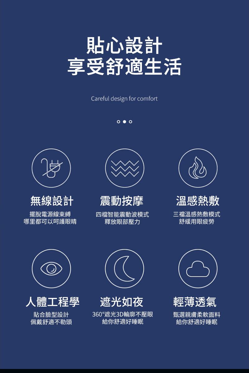 貼心設計享受舒適生活Careful design for comfort無線設計震動按摩溫感熱敷擺脫電源線束縛哪里都可以呵護眼睛四檔智能震動波模式釋放眼部壓力三溫感熱敷模式用眼人體工程學遮光如夜輕薄透氣貼合臉型設計佩戴舒適不勒頭360°遮光3D輪廓不壓眼給你舒適好睡眠甄選親膚柔軟面料給你舒適好睡眠