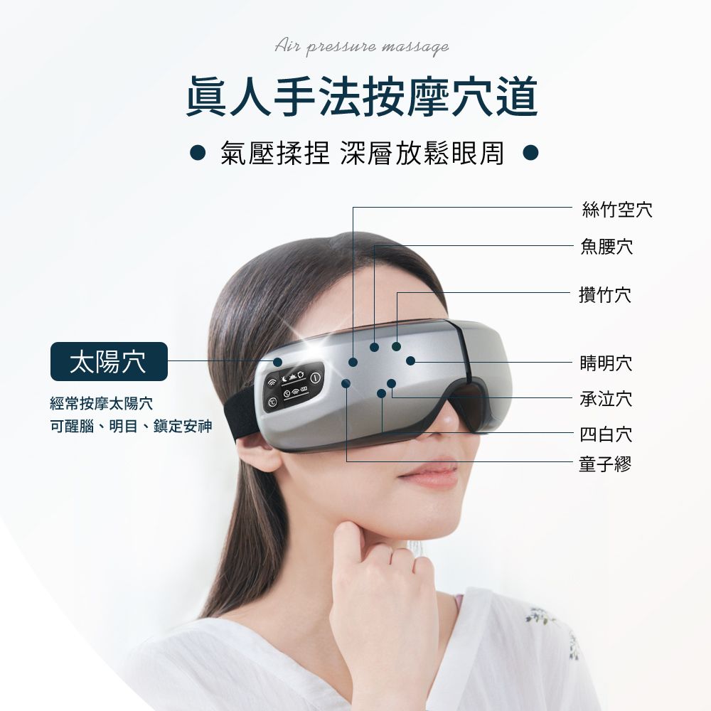 Air pressure massage眞人手法按摩穴道 氣壓揉捏 深層放鬆眼 絲竹空穴魚腰穴攢竹穴太陽穴經常按摩太陽穴可醒腦、明目、鎮定安神睛明穴承泣穴四白穴童子繆
