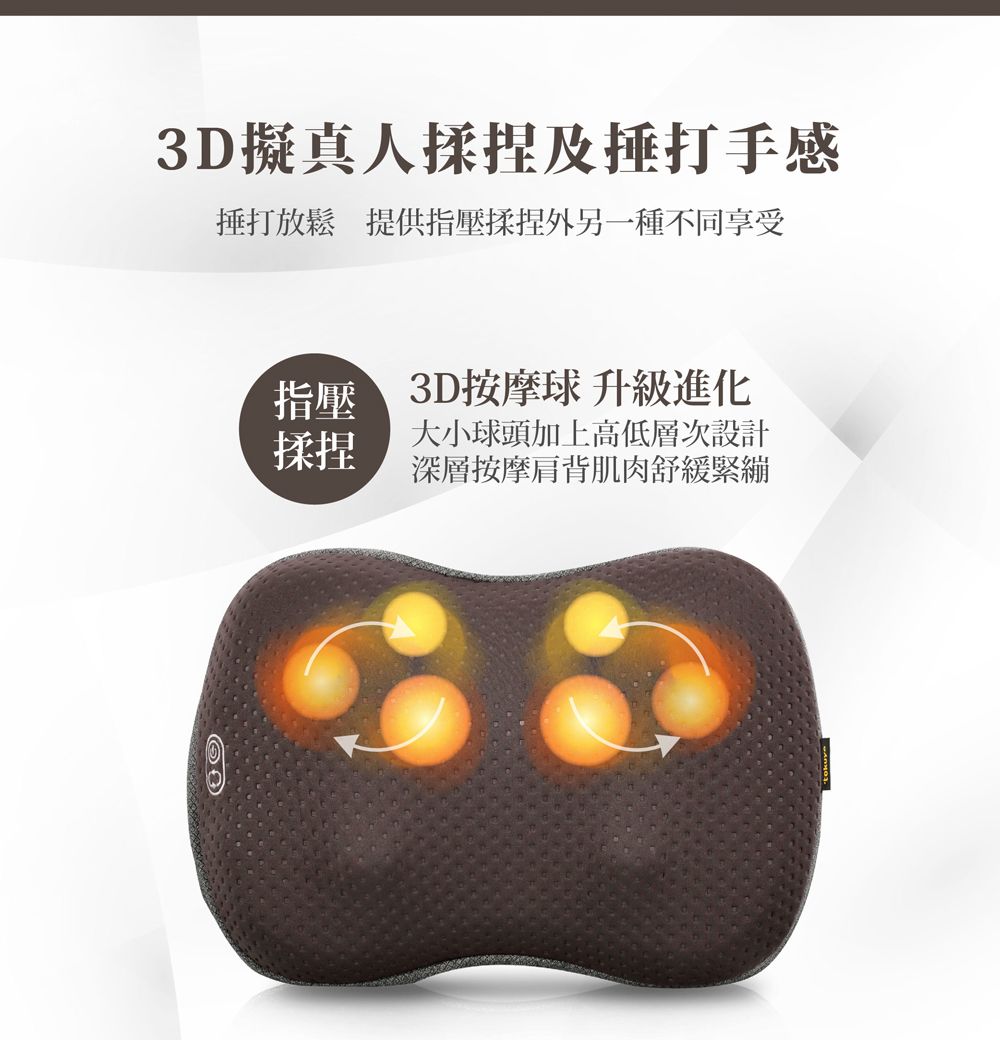 3D擬真人揉捏及捶打手感捶打放鬆 提供指壓揉捏外另一種不同享受指壓 3D按摩球 升級進化揉捏大小球頭加上高低層次設計深層按摩肩背肌肉舒緩緊繃