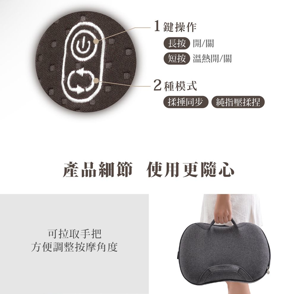 1鍵操作長開/關短按溫熱開/關2 種模式揉捶同步 純指壓揉捏產品細節 使用更隨心可拉取手把方便調整按摩角度