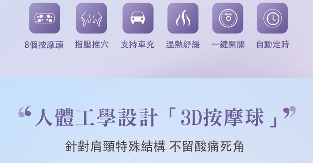 8個按摩頭 指壓推穴 支持車充 溫熱 一鍵開關 自動定時人體工學設計「3D按摩球針對肩頸特殊結構 不留酸痛死角