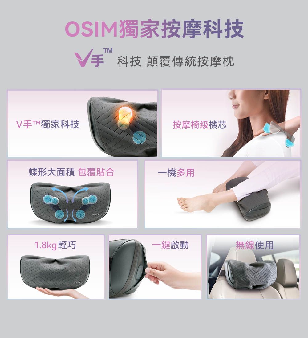 OSIM獨家按摩科技 科技 顛覆傳統按摩枕手T獨家科技按摩椅級機芯蝶形大面積 包覆貼合一機多用1.8kg輕巧V一鍵啟動無線使用