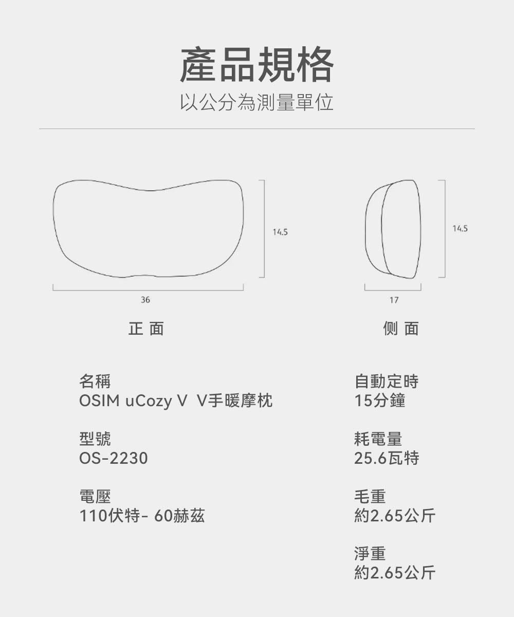 36產品規格以公分為測量單位14.517名稱正面OSIM uCozy V V手暖摩枕型號OS-2230電壓侧面自動定時15分鐘耗電量25.6瓦特毛重110伏特赫茲約2.65公斤淨重約2.65公斤14.5