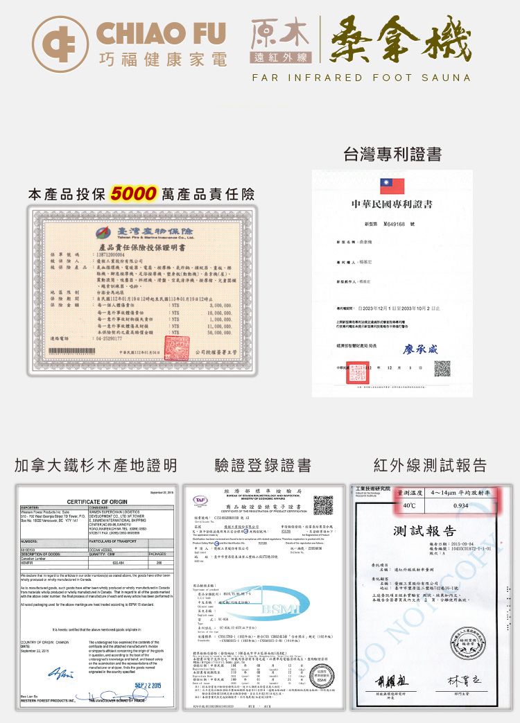 CHIA FU 巧福健康家FAR INFRARED FOO SAUNA產品投保 500萬產品險台灣專利證書中華專利證書物產品責任保險投保證明書387000004股份有限公司電駐腳底按摩機機震動料理機清淨機按摩、兒童、訓練台灣地區民國個人責任每一意外傷責任每一意外每一意外事體本保險加拿大鐵杉木產地證明             T         TEL0                                         ORIGIN      INC       2 25公司授權簽署主管驗證登錄證書  CERTIFICATE OF     01 號121月2廖承威紅外線測試報技術研究院 量測溫度 4~14um 平均放射率委托40C測試報告告名稱 遠紅外線名稱: 工業股份有限公司O 胡耀祖