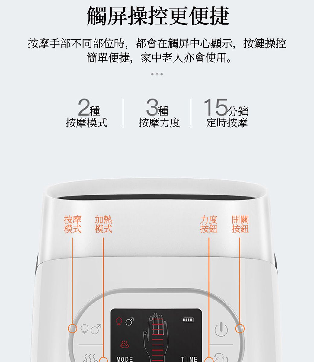 觸屏操控更便捷按摩手部不同部位時,都會在觸屏中心顯示,按鍵操控簡單便捷,家中老人亦會使用。15分鐘定時按摩按摩力度按摩模式按摩 加熱力度模式 模式按鈕MODETIME開關按鈕