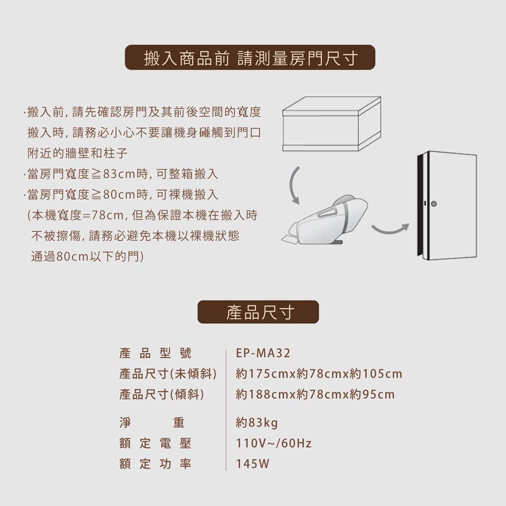 搬入商品前 請測量房門尺寸搬入前,請先確認房門及其前後空間的搬入時,請務必小心不要讓機身碰觸到門口附近的牆壁和柱子當房門寬度≥83cm時,可整箱搬入當房門寬度≥80cm時,可搬入(本機寬度=78cm,但為保證本機在搬入時不被擦傷,請務必避免本機以裸機狀態通過80cm以下的門)產品型號產品尺寸EP-MA32淨產品尺寸(未傾斜)產品尺寸(傾斜)約175cmx約78cmx約105cm約188cmx約78cmx約95cm額定電壓額定功率約83kgp110V~/60Hz145W