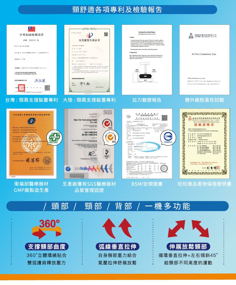 中華民國專利證書洪淑敏頸舒適各項專利及檢驗報告实用新型专利证书   台灣頸肩支撐裝置專利 大陸:頸肩支撐裝置專利拉力報告體外細胞毒性試驗Chen  Technology  保險證明書SGS :2016EN  13485:2016-eSGS個人SGS衛福部醫療器材GMP廠製造生產生產廠獲有SGS醫療器材品質管理認證BSMI安規證書旺旺商品產物保險證明書/ 頭部 / / 背部 /機多功能360支撐頸部曲度360°立體環繞合雙護肩釋放壓力弧線垂直拉伸【伸展放鬆頸部自身頸部重力結合氣壓拉伸舒展放鬆循環垂直拉伸+左右傾斜45°給頸部不同高度的運動