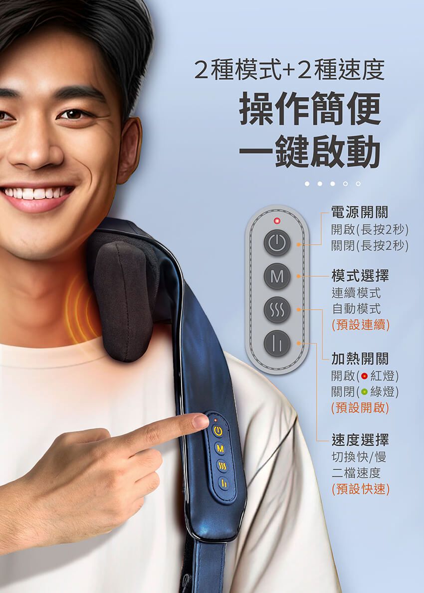 2種模式+2種速度操作簡便一鍵啟動電源開關開啟(長按2秒)關閉(長按2秒)M模式選擇連續模式自動模式(預設連續)加熱開關開啟(紅燈)關閉(綠燈)(預設開啟)速度選擇切換快/慢二檔速度(預設快速)