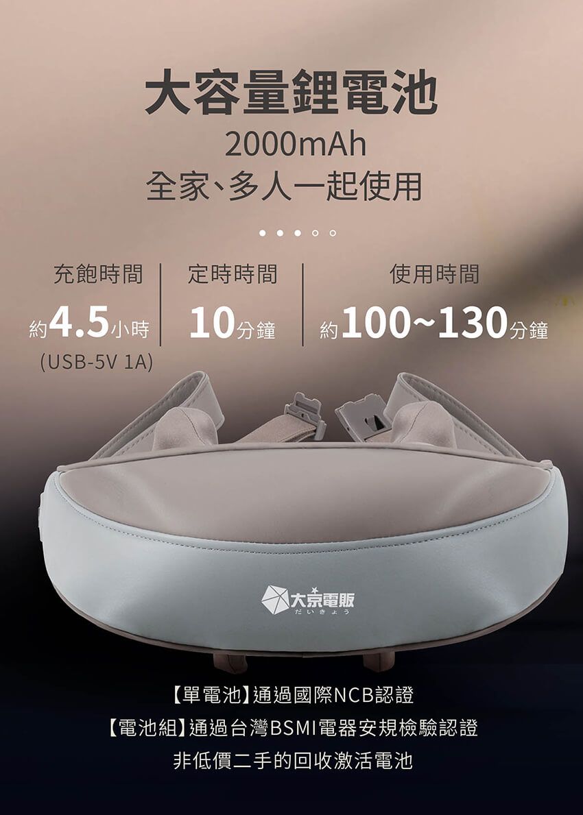 大容量鋰電池2000mAh全家多人一起使用使用時間充飽時間定時時間約4.5小時10分鐘約100~130分鐘(USB-5V 1A)大電販だいきょう【單電池】通過國際NCB認證【電池組】通過台灣BSMI電器安規檢驗認證非低價二手的回收激活電池