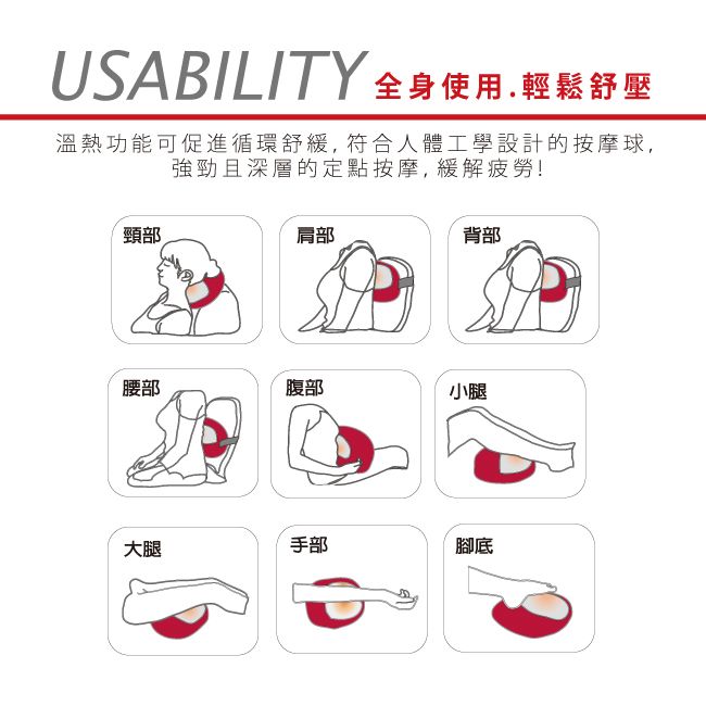 USABILITY 全身使用.輕鬆舒壓溫熱功能可促進循環舒緩,符合人體工學設計的按摩球,強勁且深層的定點按摩,緩解疲勞!頸部肩部背部腰部腹部小腿大腿手部腳底
